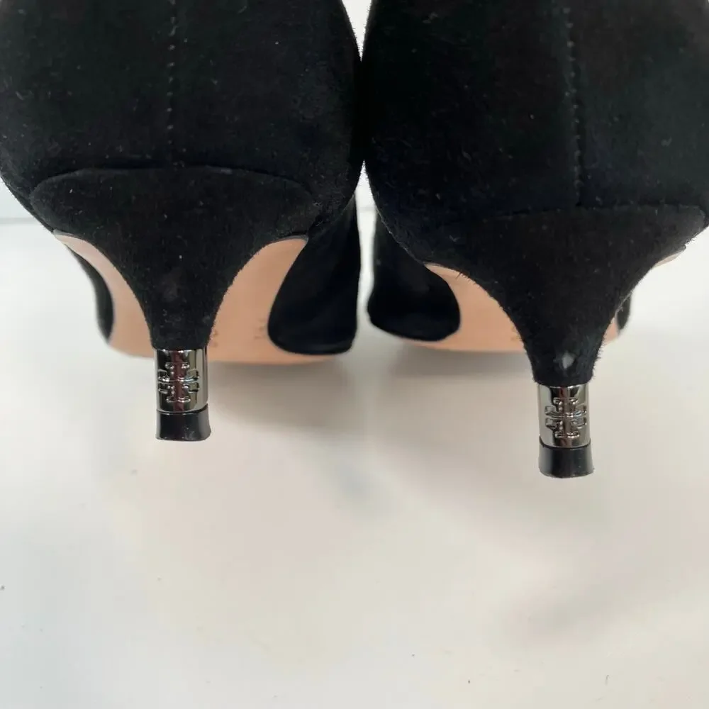 Tory Burch Sz 9 Greenwich Black Suede Kitten Heels Pointed Toe Logo Heel